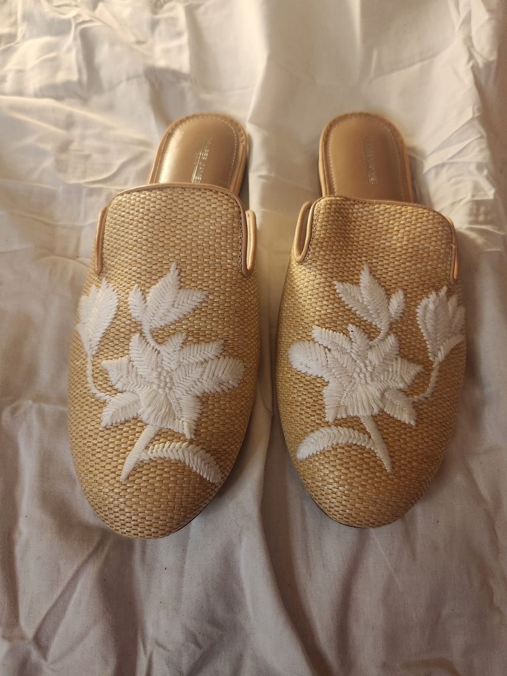 Draper James Gold Woven Slide Mules with White Floral Embroidery 9